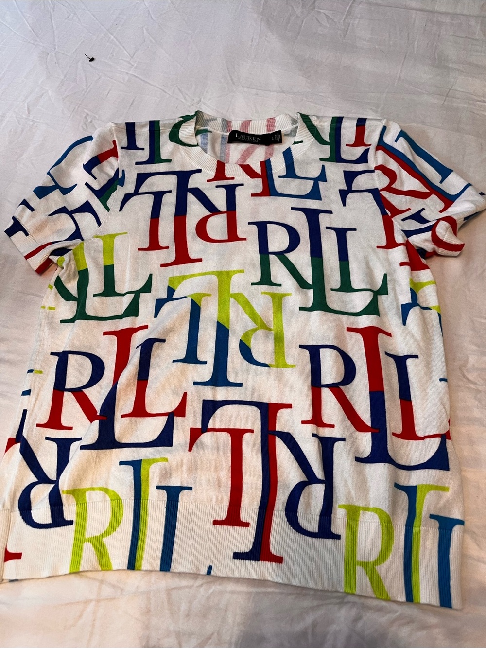 Ralph Lauren White Tee with Multicolor RL Print